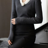 Elegant Temperament V-Shaped Lapel Pullover Color-Block Knitted Top