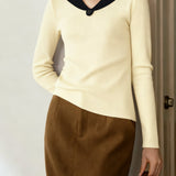 Elegant Temperament V-Shaped Lapel Pullover Color-Block Knitted Top