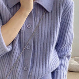 Casual Versatile Lapel Solid-Color Long-Sleeve Knitted Cardigan