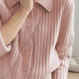 Casual Versatile Lapel Solid-Color Long-Sleeve Knitted Cardigan