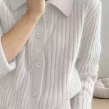 Casual Versatile Lapel Solid-Color Long-Sleeve Knitted Cardigan