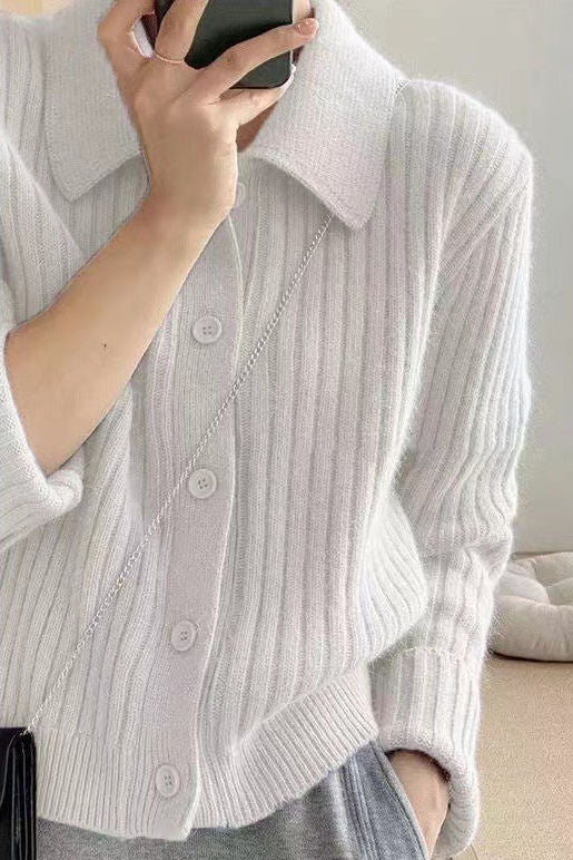 Casual Versatile Lapel Solid-Color Long-Sleeve Knitted Cardigan - liwisi