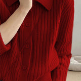 Casual Versatile Lapel Solid-Color Long-Sleeve Knitted Cardigan
