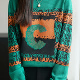 Casual Color-Block Micro-High Neck Rhinestone-Appliquéd Pullover Long-Sleeve Sweater