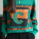 Casual Color-Block Micro-High Neck Rhinestone-Appliquéd Pullover Long-Sleeve Sweater