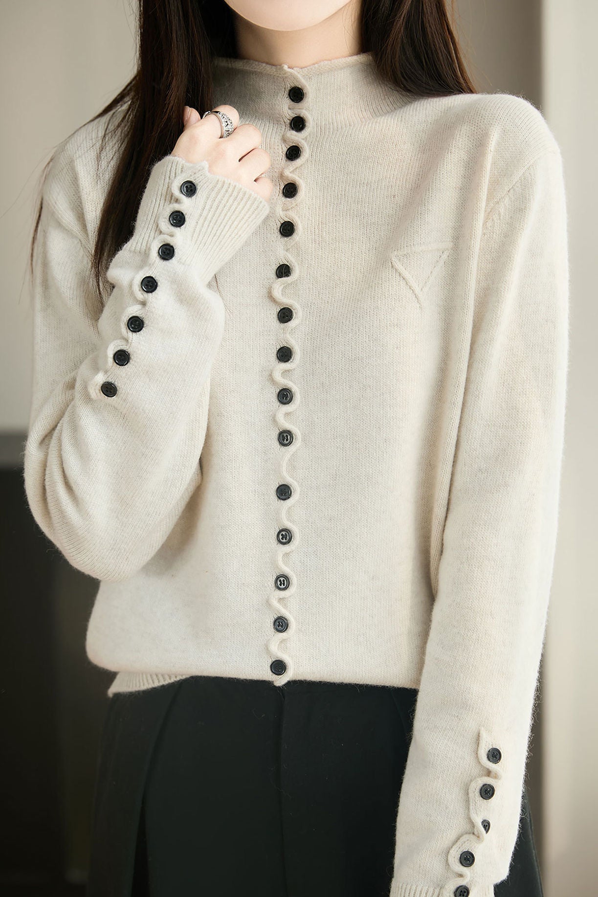 Casual Minimalist Solid-Color Half-High Neck Pullover Long-Sleeve Knitted Cardigan - liwisi