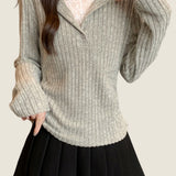 Casual Temperament V-Neck Long-Sleeve Fake Two-Piece Knitted Top