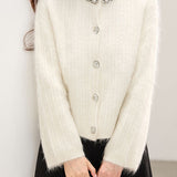 Casual Versatile Crew Neck Hot-Fix Rhinestone Knitted Cardigan