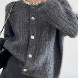 Casual Versatile Crew Neck Hot-Fix Rhinestone Knitted Cardigan
