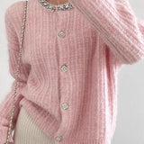 Casual Versatile Crew Neck Hot-Fix Rhinestone Knitted Cardigan