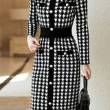 Exquisite Elegant Temperament Houndstooth Pearl A-Line Dress