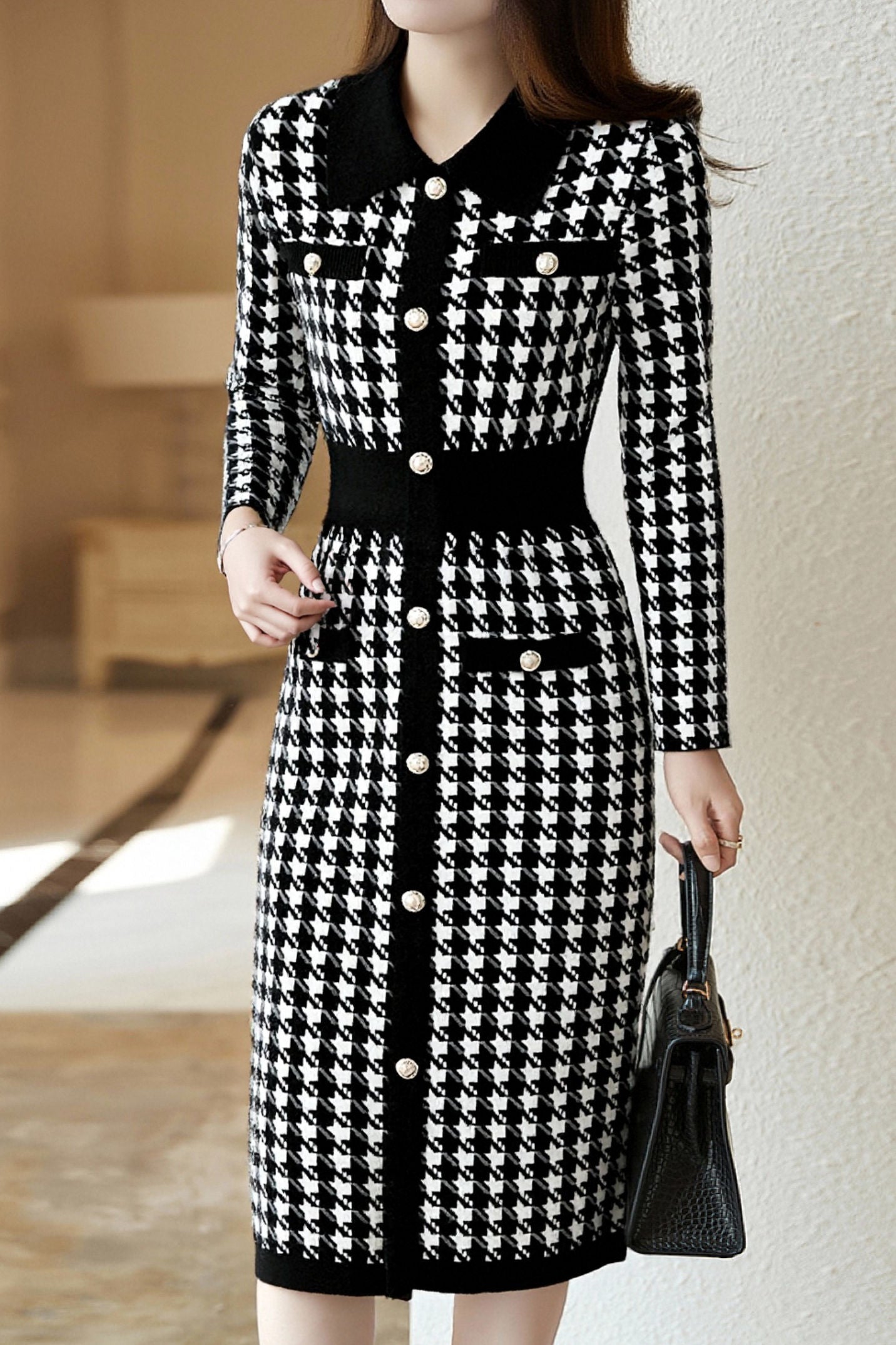 houndstooth a line dress Houndstooth Mock Neck A-Line Dress