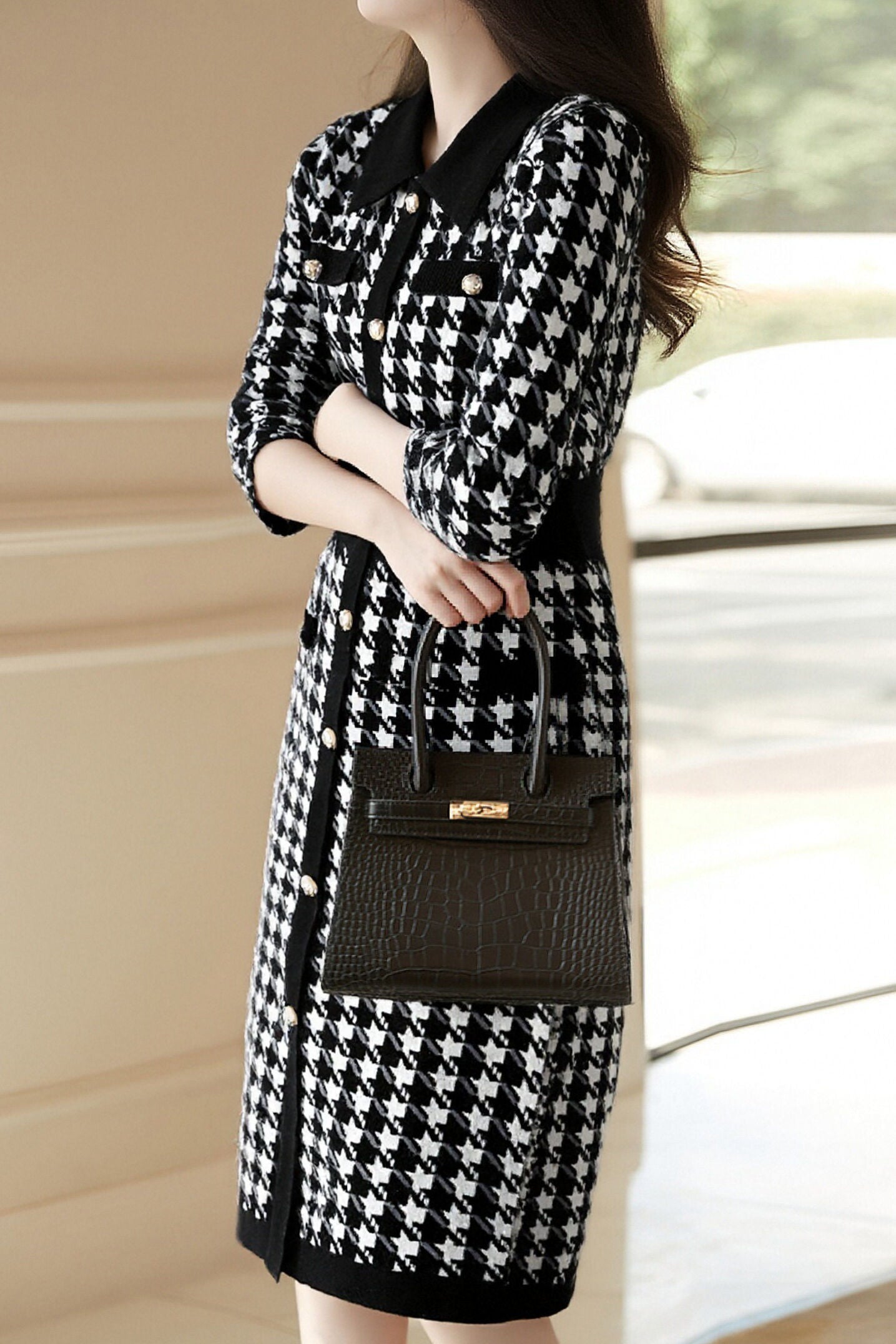 houndstooth a line dress A-Line V Neck Slip Dress-Houndstooth Fame on Central
