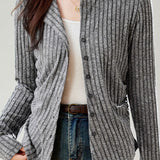 Casual Solid-Color Lapel Ruched Chunky Ribbed Knitted Cardigan
