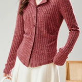 Casual Solid-Color Lapel Ruched Chunky Ribbed Knitted Cardigan
