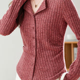 Casual Solid-Color Lapel Ruched Chunky Ribbed Knitted Cardigan