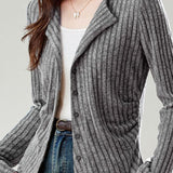 Casual Solid-Color Lapel Ruched Chunky Ribbed Knitted Cardigan