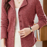 Casual Solid-Color Lapel Ruched Chunky Ribbed Knitted Cardigan