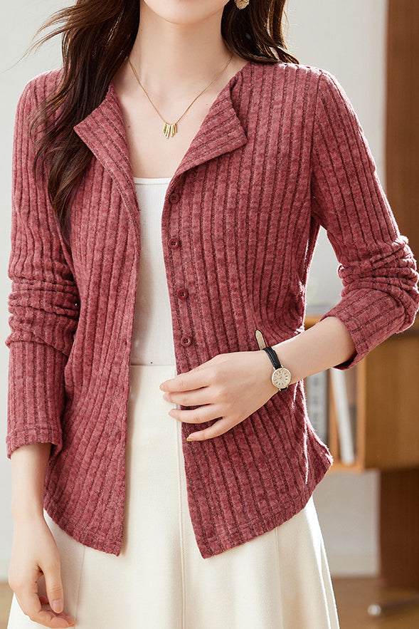 Casual Solid-Color Lapel Ruched Chunky Ribbed Knitted Cardigan - liwisi