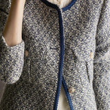 Exquisite Elegant Tweed Gold Thread Color-Block Jacket Coat