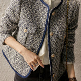 Exquisite Elegant Tweed Gold Thread Color-Block Jacket Coat