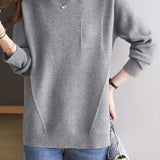 Casual Minimalist Pullover Crew Neck Long-Sleeve Rhinestone-Appliquéd Sweater
