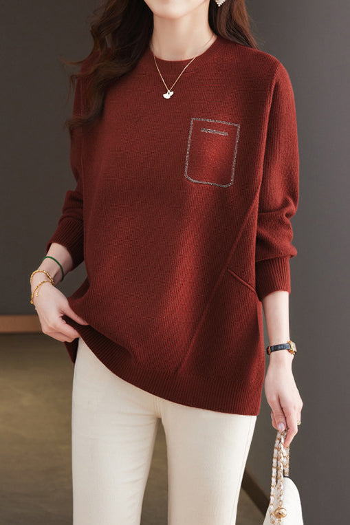 Casual Minimalist Pullover Crew Neck Long-Sleeve Rhinestone-Appliquéd Sweater