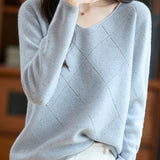 Casual Versatile Argyle Ribbed Sequin V-Neck Long-Sleeve Knitted Top