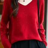 Casual Versatile Argyle Ribbed Sequin V-Neck Long-Sleeve Knitted Top