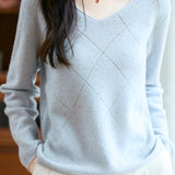 Casual Versatile Argyle Ribbed Sequin V-Neck Long-Sleeve Knitted Top