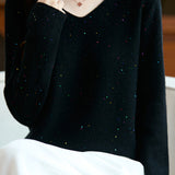 Casual Versatile Argyle Ribbed Sequin V-Neck Long-Sleeve Knitted Top