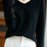 Casual Versatile Argyle Ribbed Sequin V-Neck Long-Sleeve Knitted Top