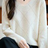 Casual Versatile Argyle Ribbed Sequin V-Neck Long-Sleeve Knitted Top