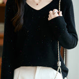 Casual Versatile Argyle Ribbed Sequin V-Neck Long-Sleeve Knitted Top