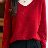 Casual Versatile Argyle Ribbed Sequin V-Neck Long-Sleeve Knitted Top