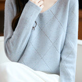 Casual Versatile Argyle Ribbed Sequin V-Neck Long-Sleeve Knitted Top
