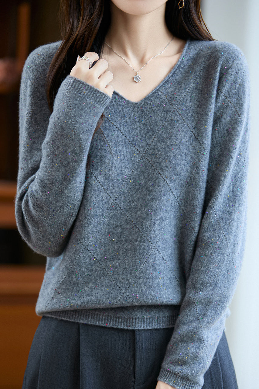 Casual Versatile Argyle Ribbed Sequin V-Neck Long-Sleeve Knitted Top