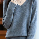 Casual Versatile Argyle Ribbed Sequin V-Neck Long-Sleeve Knitted Top