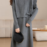 Casual Solid-Color Knitted Jacquard Bow-Knot Vest & Chunky Ribbed Dress 2-Piece Set