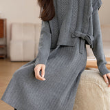 Casual Solid-Color Knitted Jacquard Bow-Knot Vest & Chunky Ribbed Dress 2-Piece Set