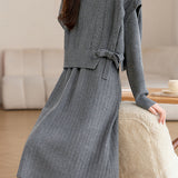 Casual Solid-Color Knitted Jacquard Bow-Knot Vest & Chunky Ribbed Dress 2-Piece Set