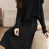Casual Solid-Color Knitted Jacquard Bow-Knot Vest & Chunky Ribbed Dress 2-Piece Set