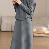 Casual Solid-Color Knitted Jacquard Bow-Knot Vest & Chunky Ribbed Dress 2-Piece Set