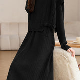 Casual Solid-Color Knitted Jacquard Bow-Knot Vest & Chunky Ribbed Dress 2-Piece Set