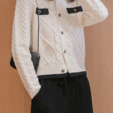 Elegant Temperament Color-Block Short Long-Sleeve Knitted Cardigan