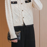 Elegant Temperament Color-Block Short Long-Sleeve Knitted Cardigan