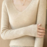 Casual Minimalist V-Neck Long-Sleeve Ribbed Texture Knitted Top