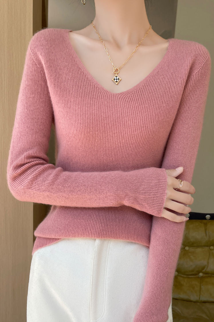 Casual Minimalist V-Neck Long-Sleeve Ribbed Texture Knitted Top