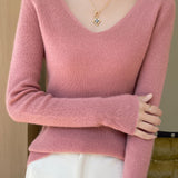 Casual Minimalist V-Neck Long-Sleeve Ribbed Texture Knitted Top