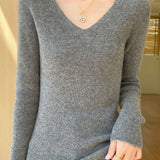 Casual Minimalist V-Neck Long-Sleeve Ribbed Texture Knitted Top